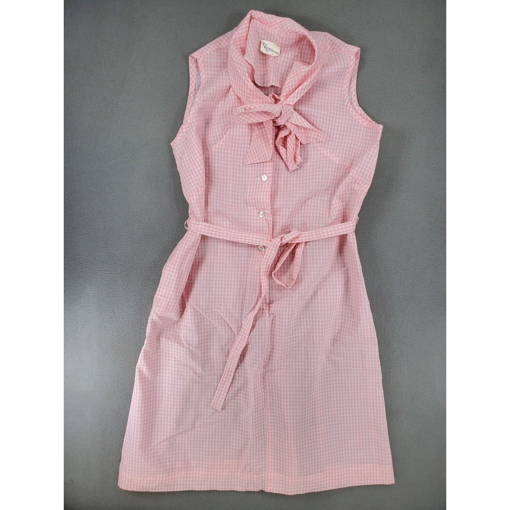 Ted Arcuni of California Gingham Dress Womens 18.5 Pink Vintage Tie Neck Belted
